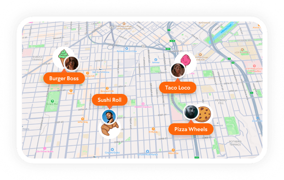 Live map with nearby food trucks Burger Boss, Sushi Roll, Taco Loco, and Pizza Wheels