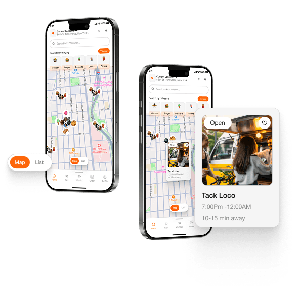Food Truck Finder mobile app preview on map and truck detail screens